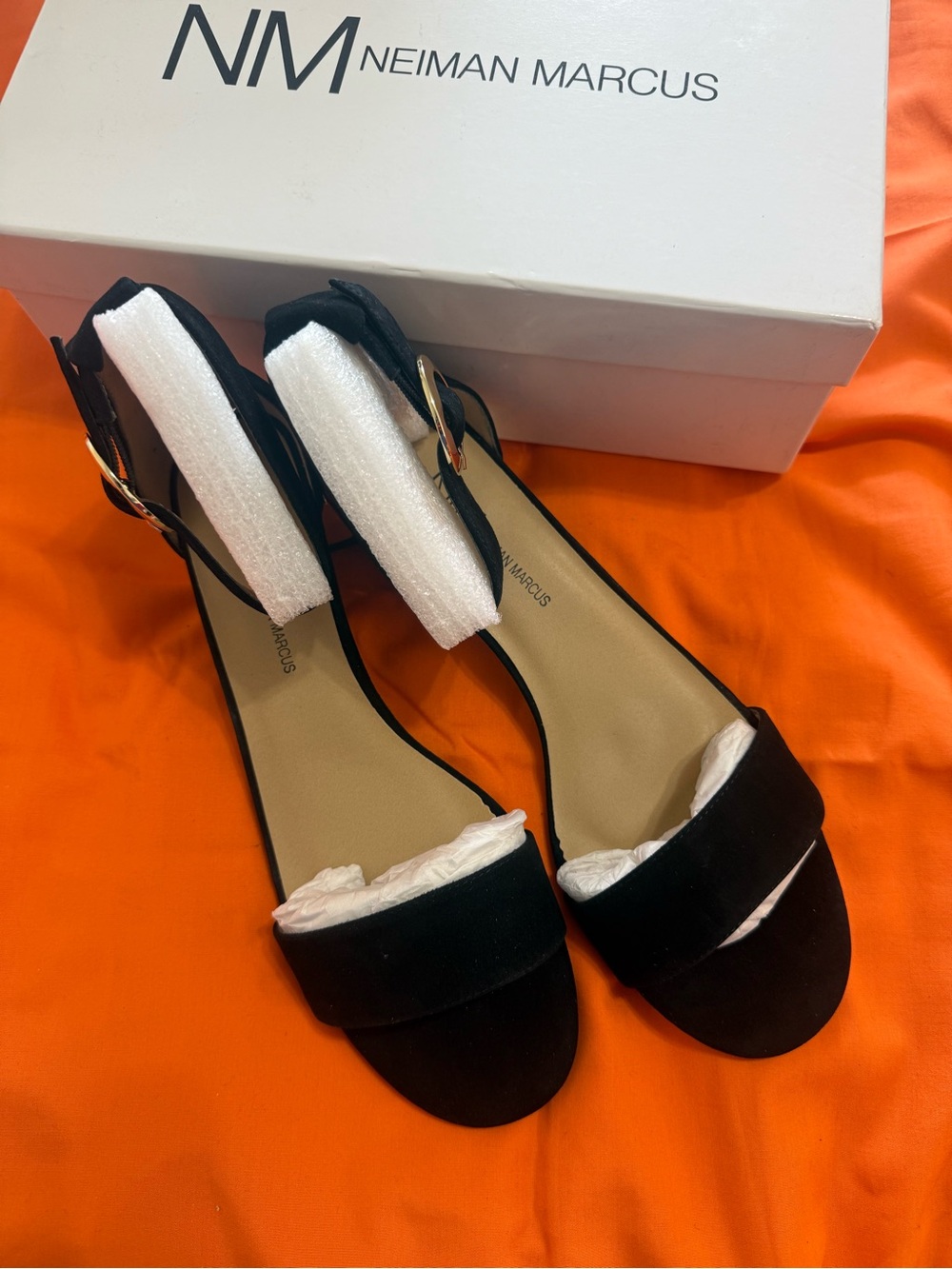 Neiman Marcus Honna Black Suede Ankle Strap Sandals Shoes with Gold Buckle